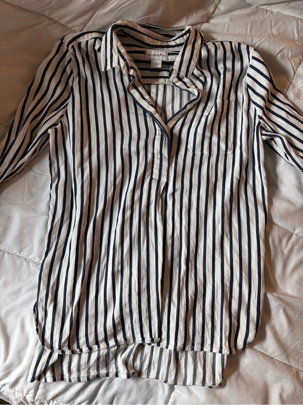 Liz Claiborne White and Navy Vertical Stripe Button-Down Shirt